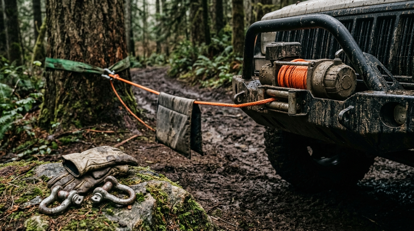 A mud-covered four wheel drive winching on synthetic rope to a strap-protected tree trunk, a cable damper draped over the line with gloves and steel shackles staged on a mossy rock