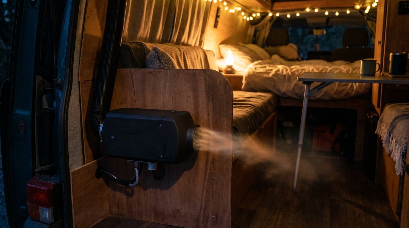 A compact 12V diesel heater mounted in a camper van at night with warm air flowing from its outlet vent