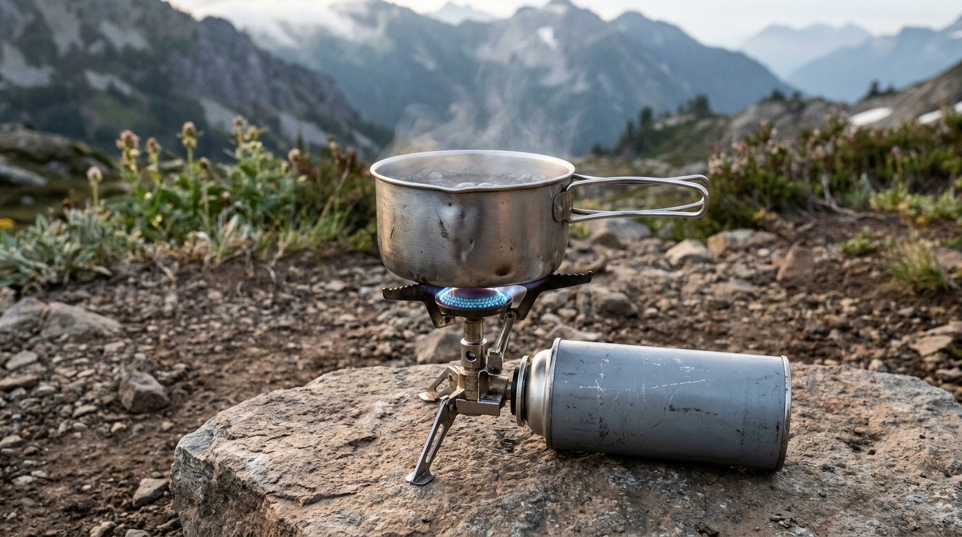 A backpacking canister camping stove boiling a pot of water on a rock at a mountain campsite