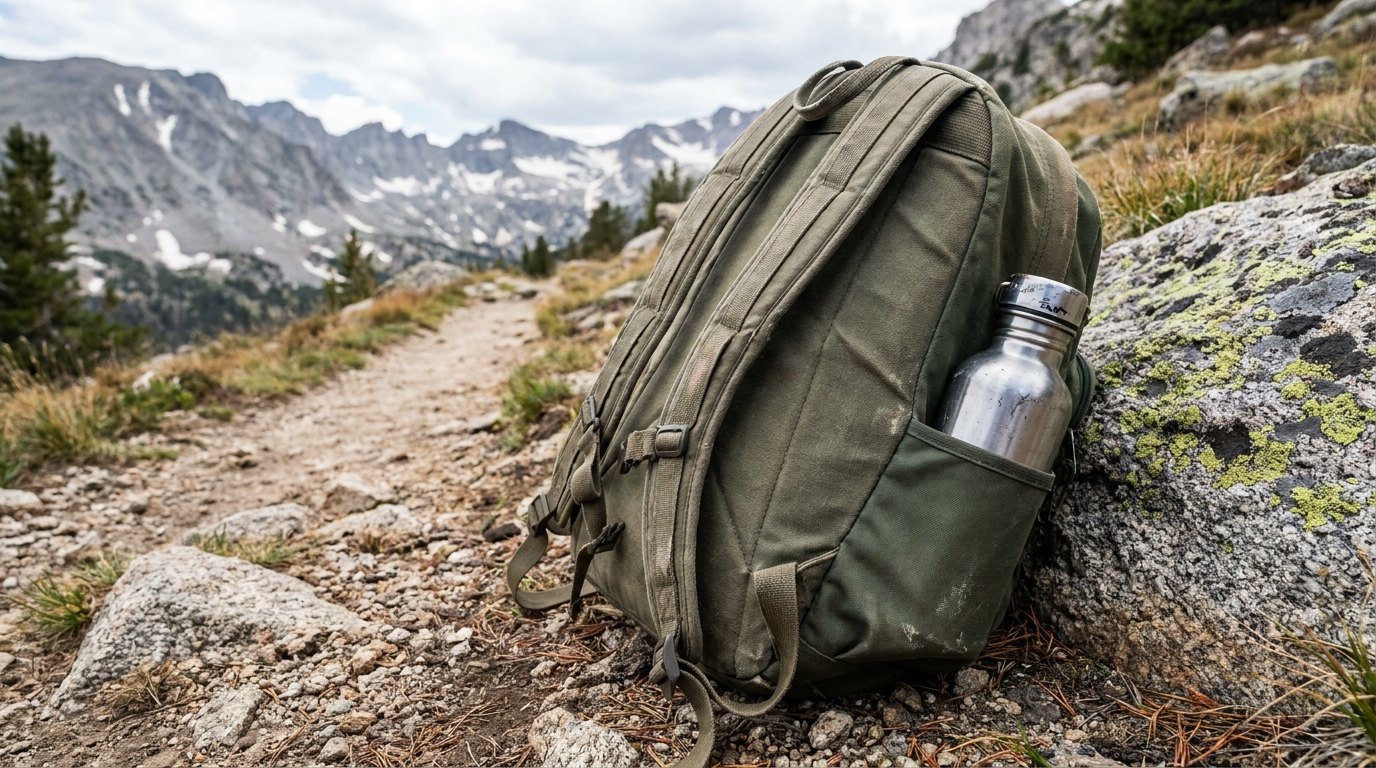 An olive-green hiking daypack with a water bottle in the side pocket resting beside a mountain trail