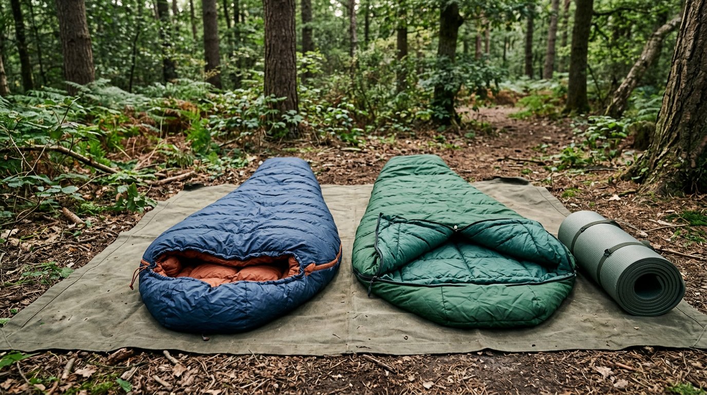 Two camping sleeping bags laid open on a groundsheet at a forest campsite, a tapered mummy bag beside a wider rectangular bag with a rolled sleeping mat