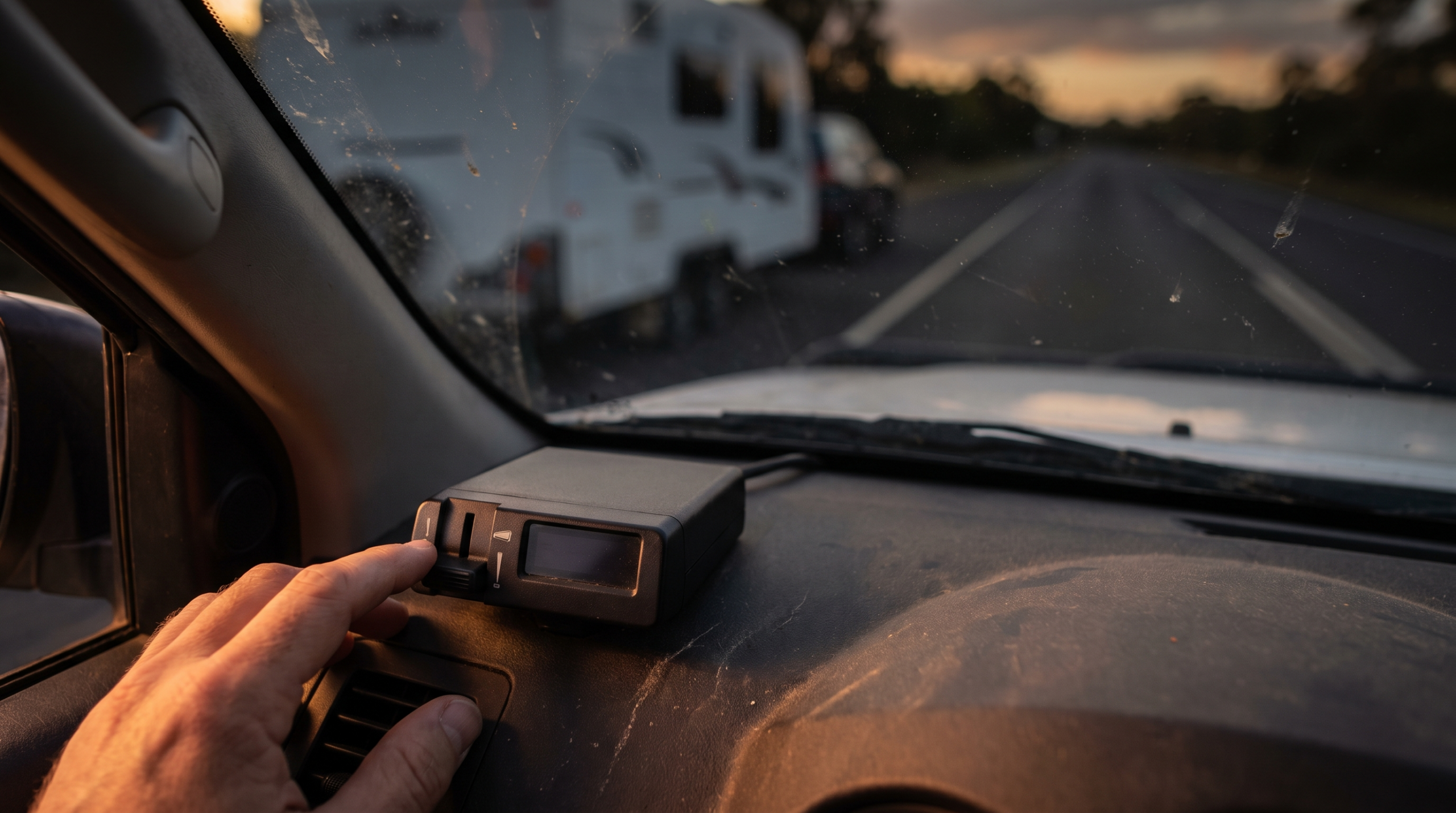 A compact electric brake controller mounted on the lower dash of a tow vehicle, a hand resting on its manual override lever, with a caravan visible ahead through the windscreen.