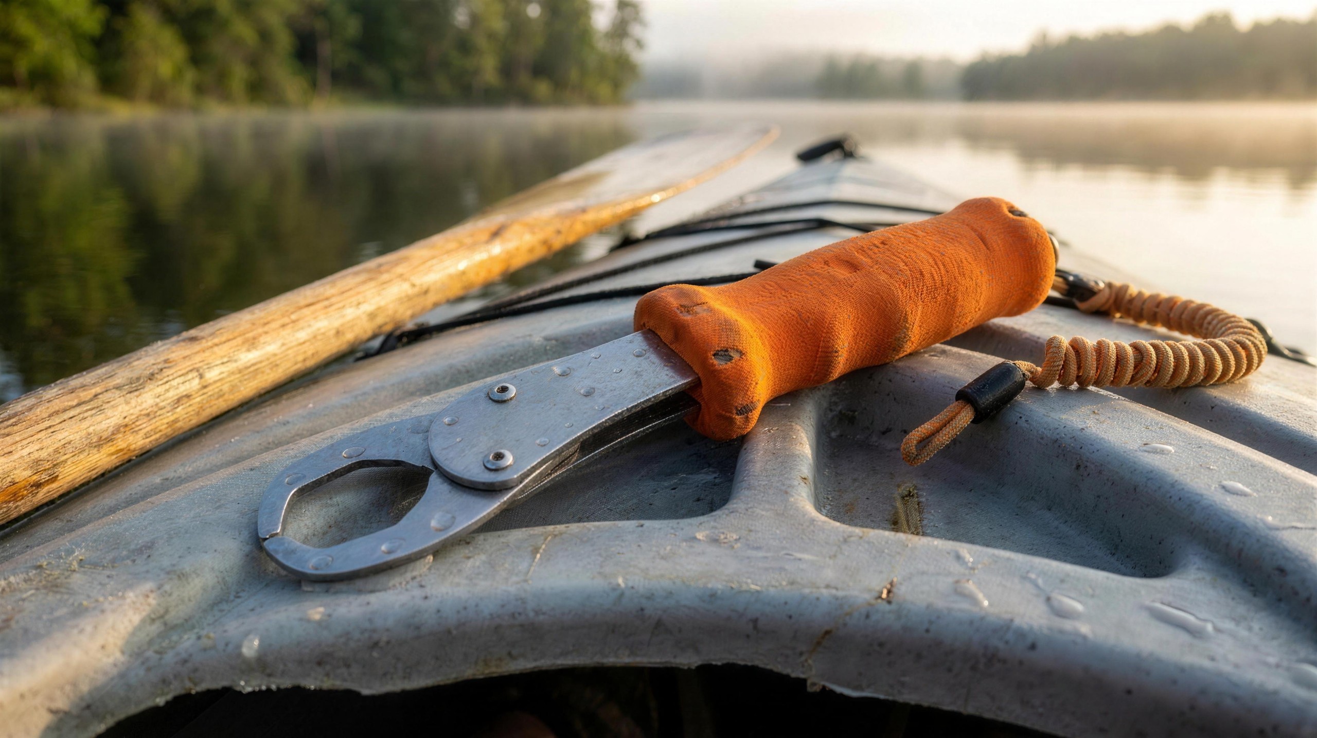 A stainless fish lip grip with orange floating handle and tether coil lying on a kayak deck