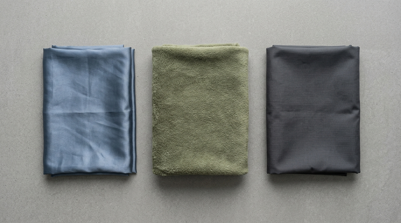 Three camping sleeping bag liners folded side by side — silk, fleece and synthetic thermal — showing the fabric differences.
