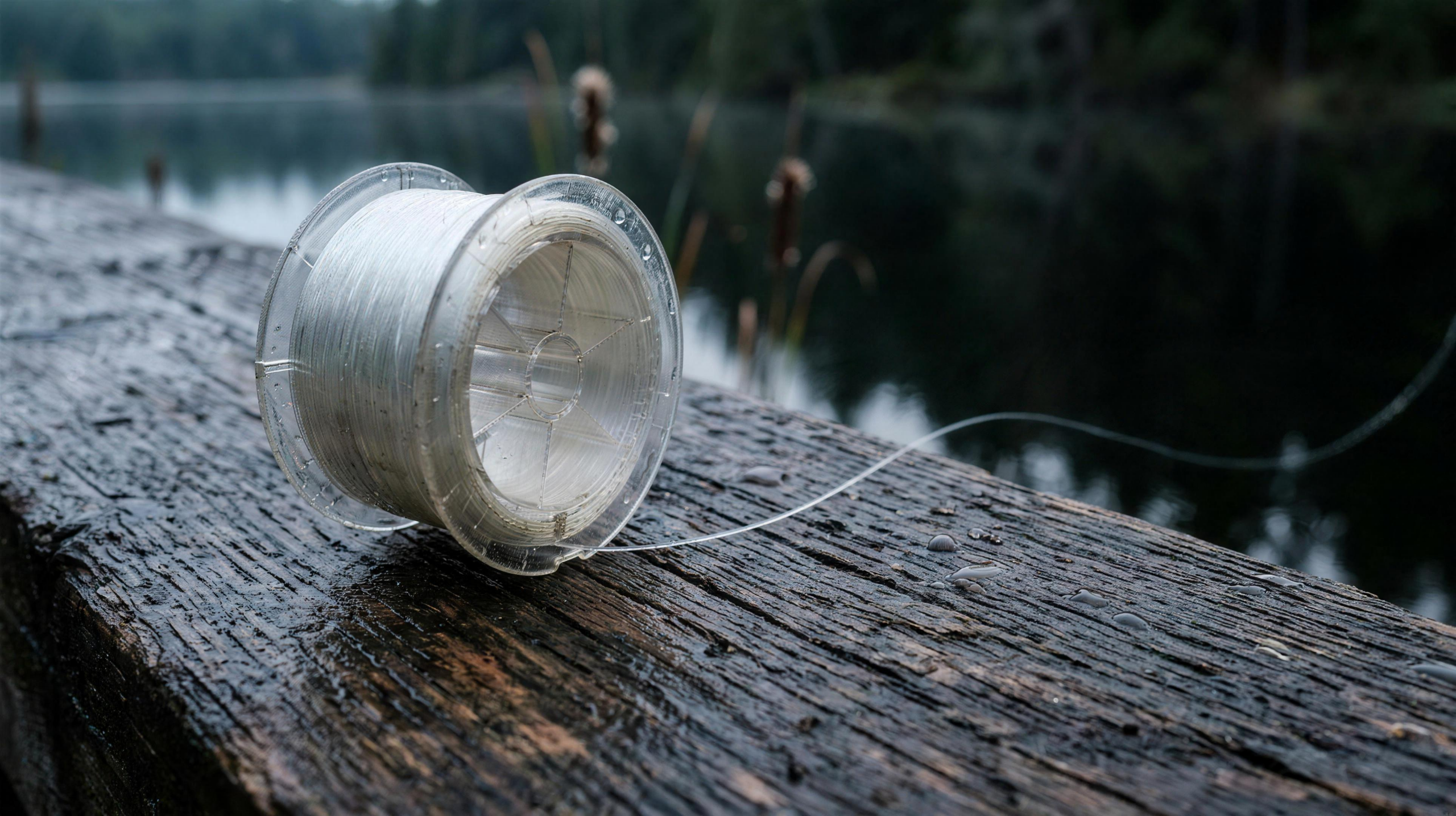 A spool of clear fluorocarbon fishing line on dark weathered timber, the line trailing off and nearly vanishing against shadowed water