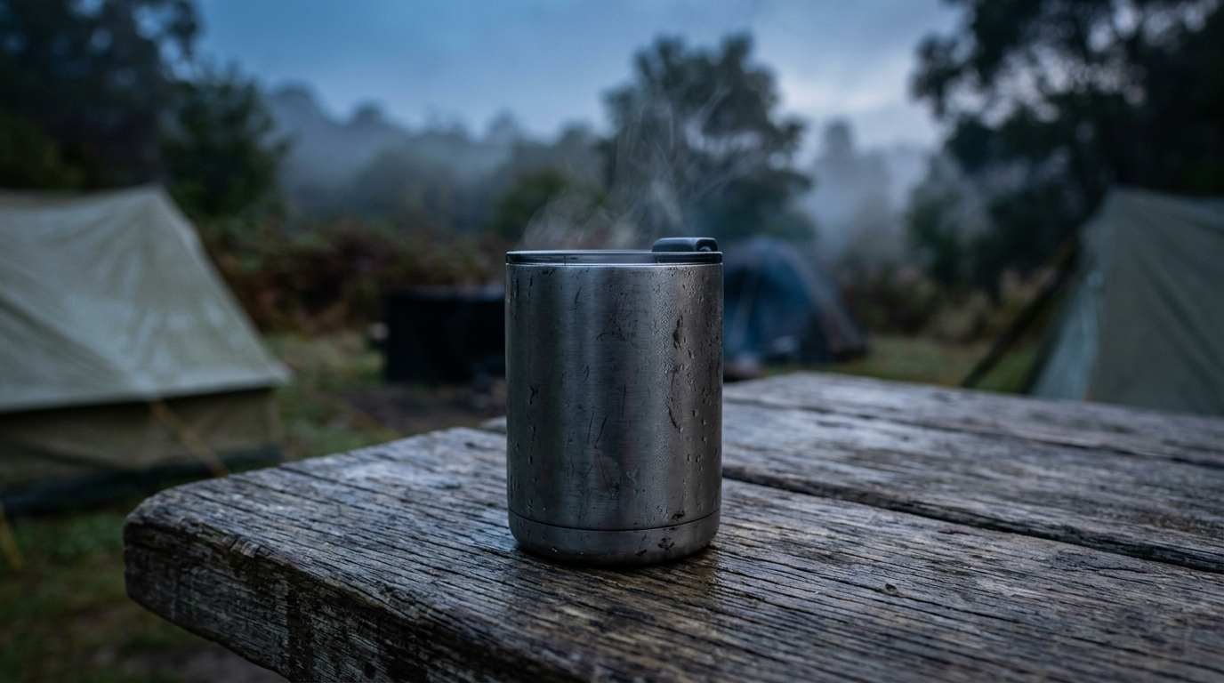 A double-walled stainless insulated camping mug with a lid, steam rising, on a camp table at misty dawn
