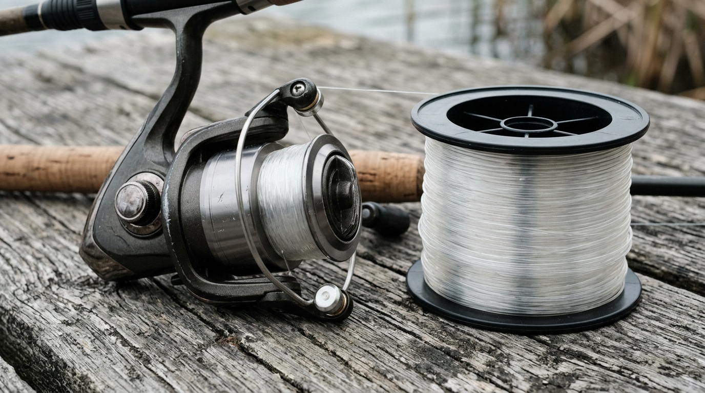A fishing spinning reel loaded with clear monofilament line beside a large bulk filler spool of clear mono on weathered timber