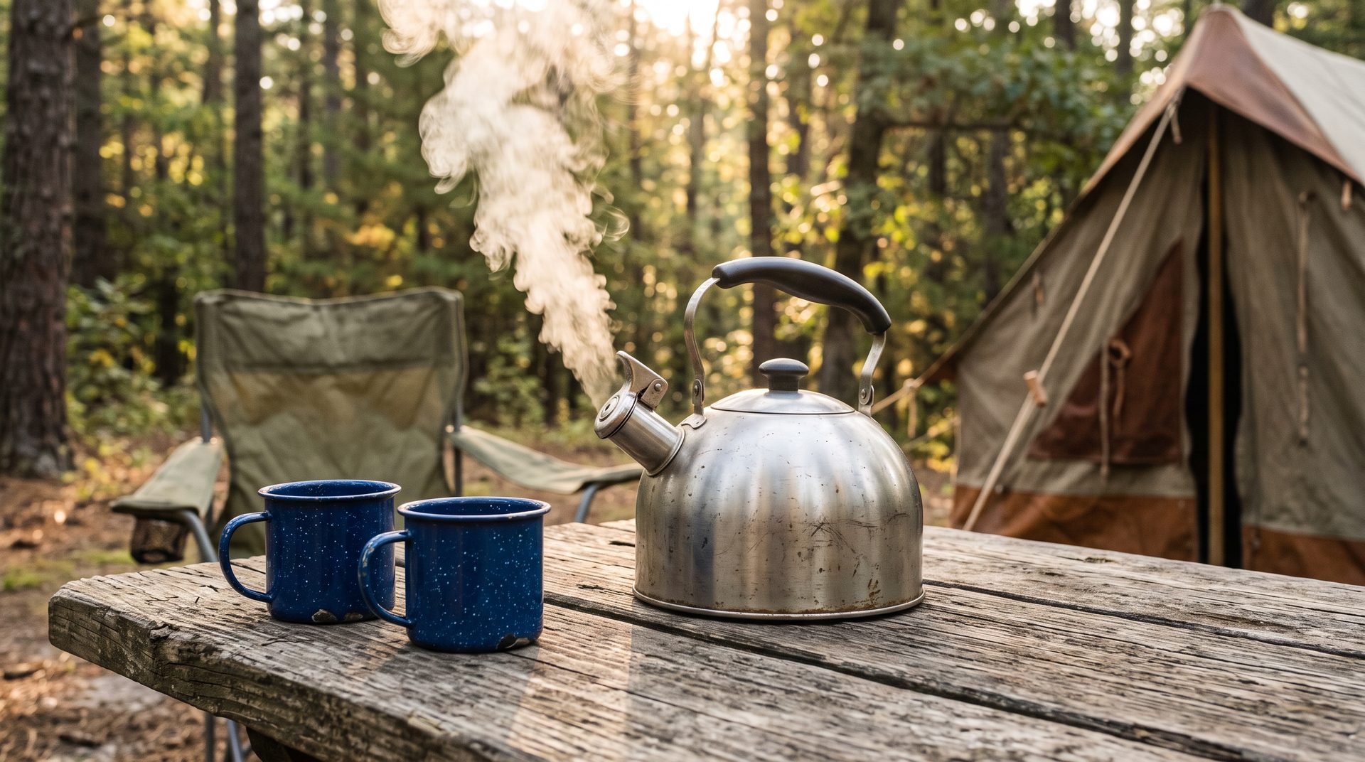 Stainless steel whistling kettle steaming beside two enamel mugs on a timber campsite table in early morning light