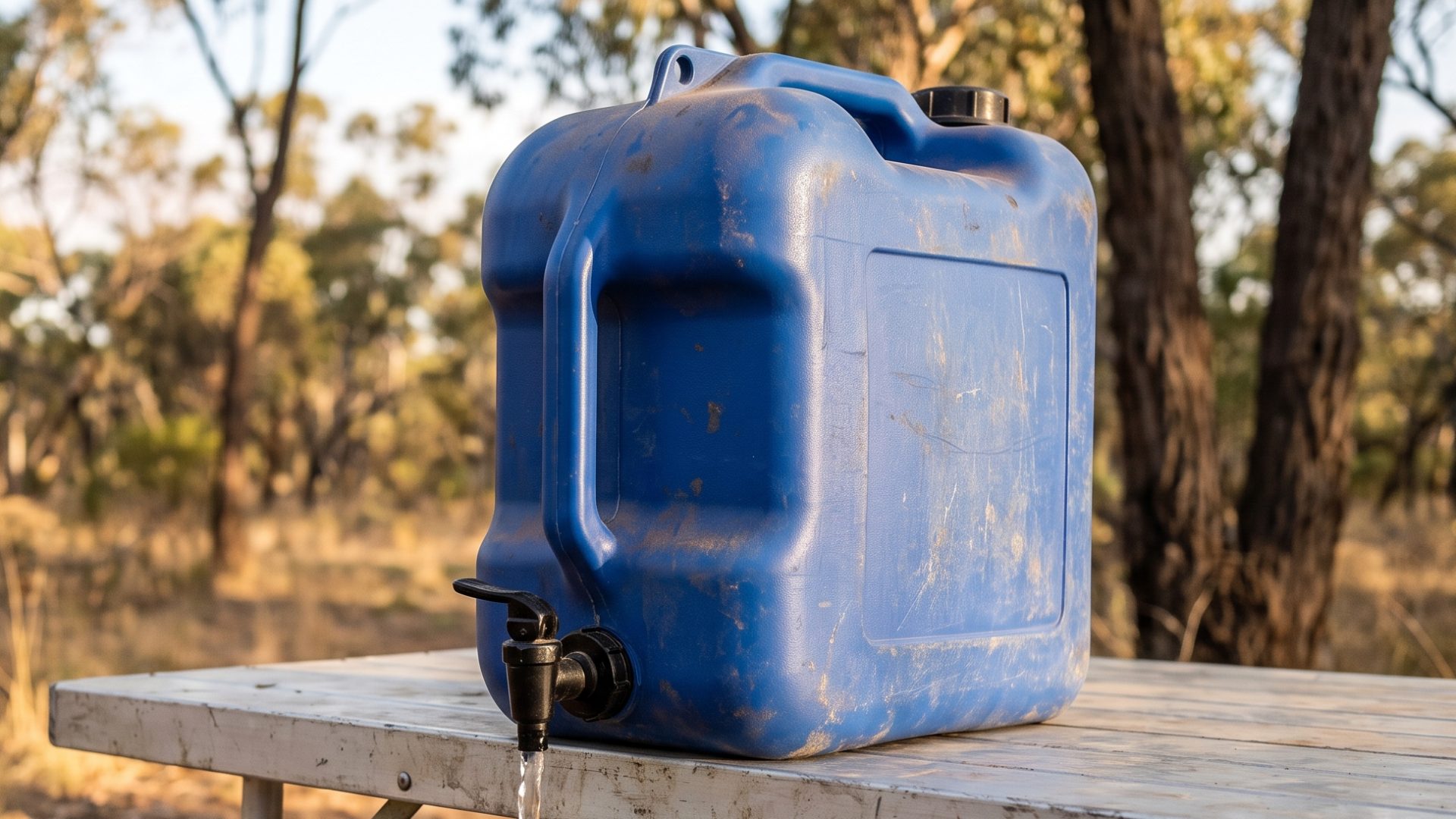 Blue rigid plastic water carrier with a lever tap on a folding camp table, water running from the tap over the table edge