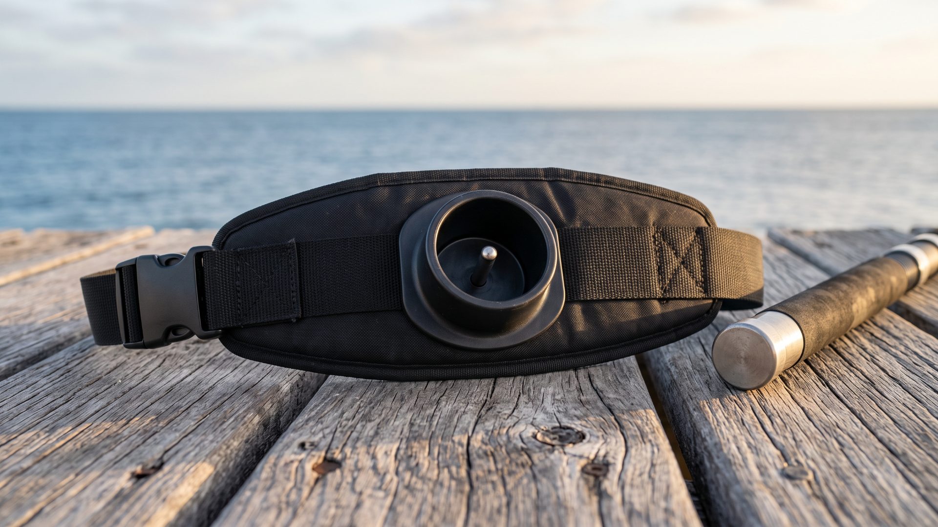 Padded fishing fighting belt with a deep gimbal cup and centre pin resting on timber boards beside a rod butt.