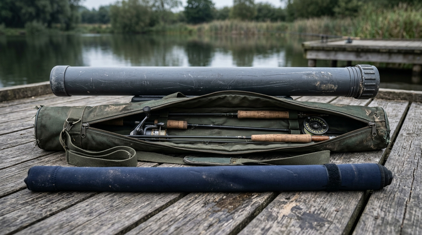 Three types of fishing rod protection on a timber deck: a hard rod travel tube, an open padded rod holdall with two rod-and-reel outfits inside, and a soft rod sleeve