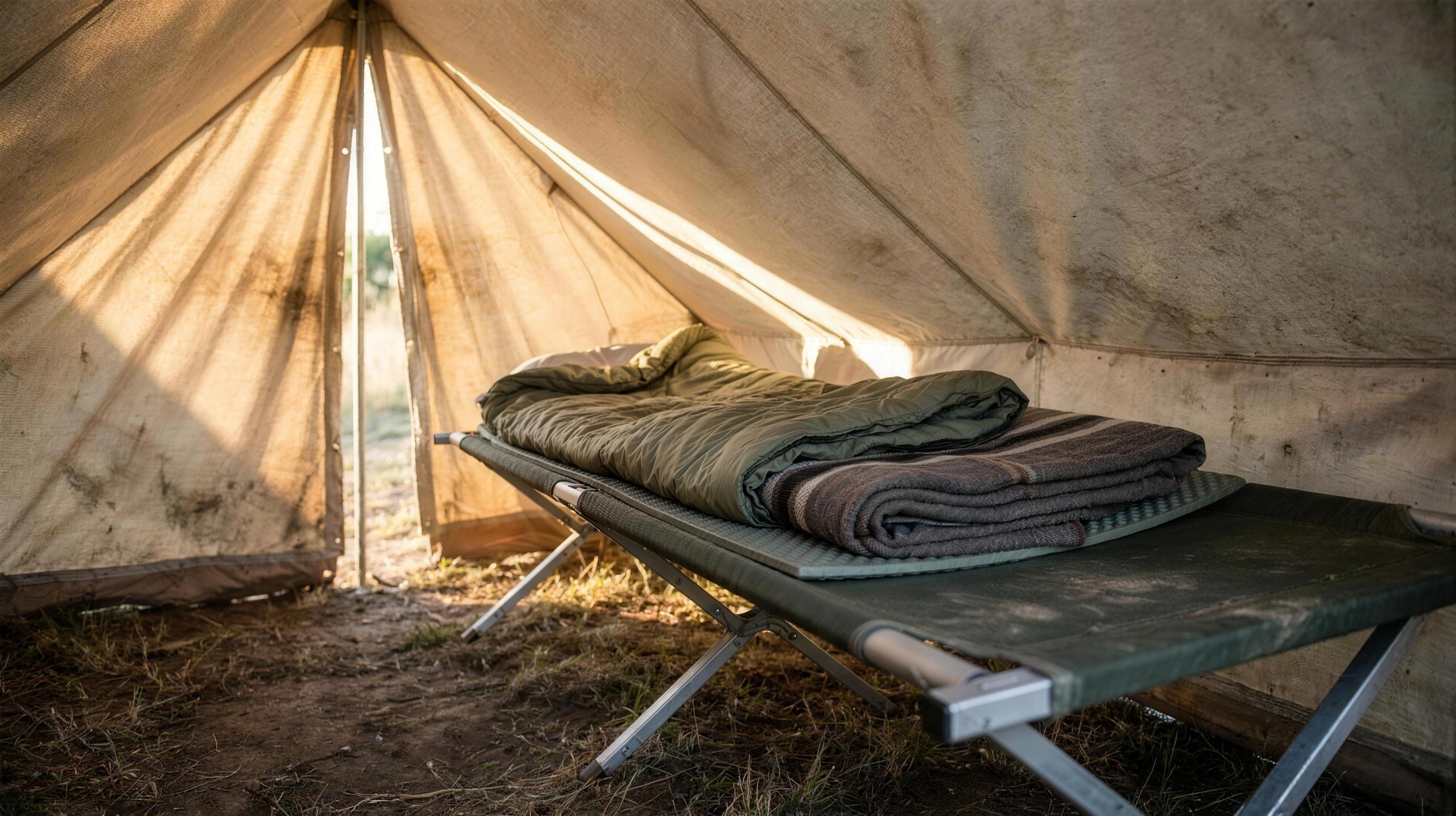 Folding camp bed with an aluminium frame set up inside a canvas tent, a sleeping bag and folded blanket resting on a foam mat.