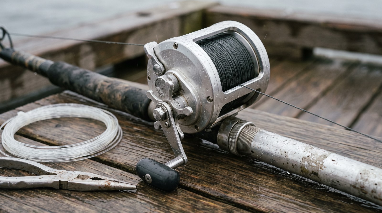 a round overhead fishing reel with a star drag mounted on a heavy rod, lying on a wet timber deck beside a coil of leader and a pair of pliers.