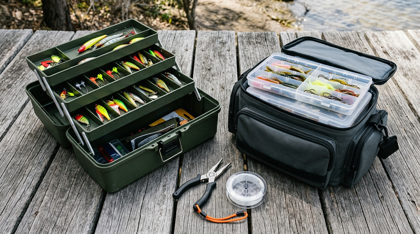 An open cantilever tackle box with fanned trays of lures beside a soft tackle bag holding clear utility trays, with pliers and a line spool on timber