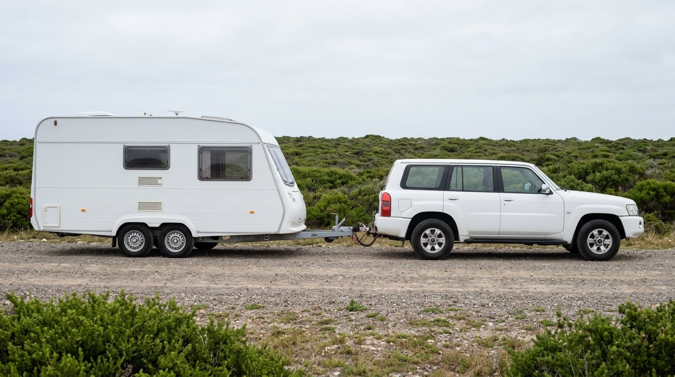 A four-wheel drive parked on a gravel track with a twin-axle caravan coupled behind it, the A-frame drawbar visible between them.