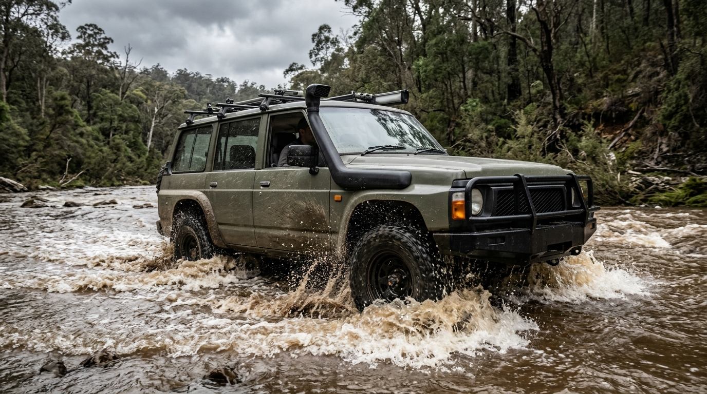 A four-wheel-drive fitted with a snorkel crossing a muddy river, the raised intake head at roof height