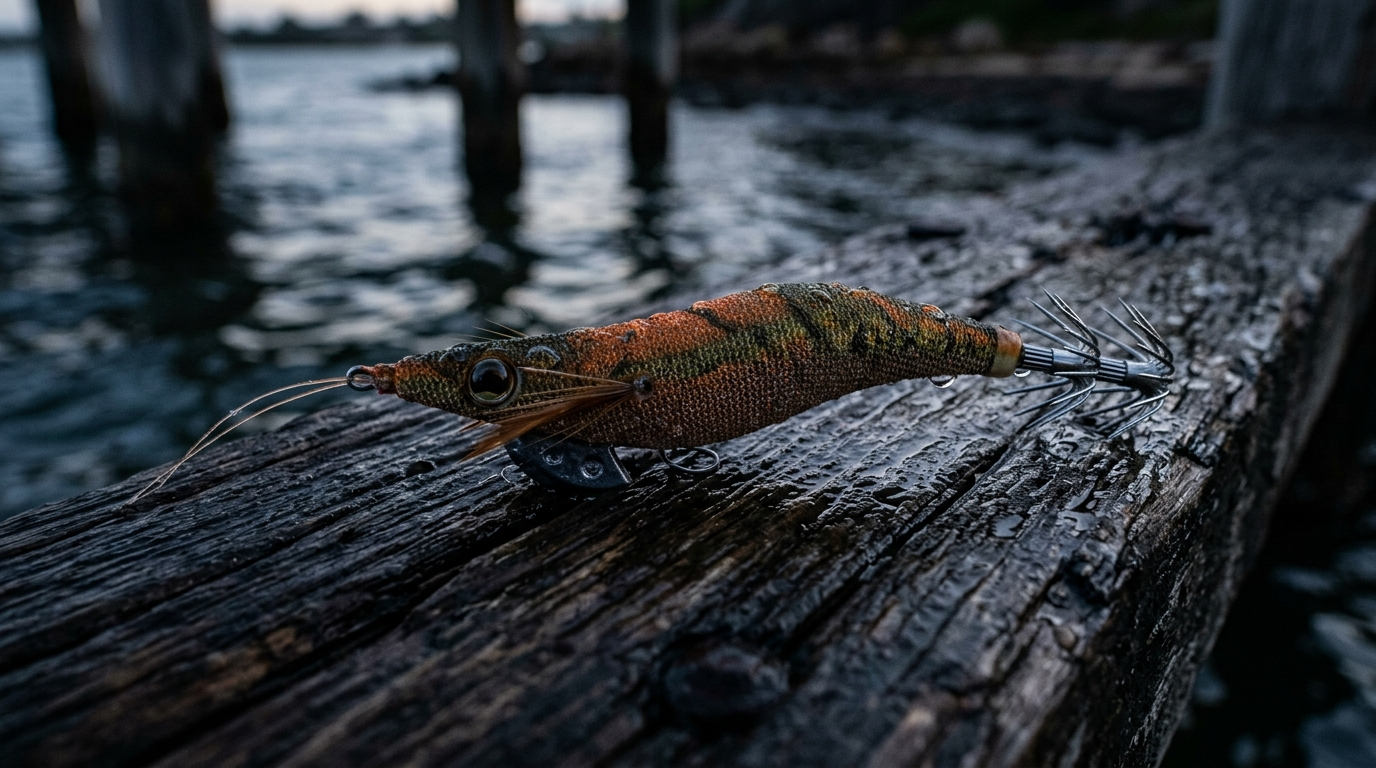 A prawn-shaped squid jig with a cloth-wrapped body, feelers and a crown of spikes at the tail, wet on timber by the water at dusk