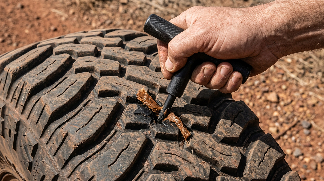 A hand pushing a T-handle plug tool with a sticky repair plug into the tread of a four-wheel-drive tyre on red dirt