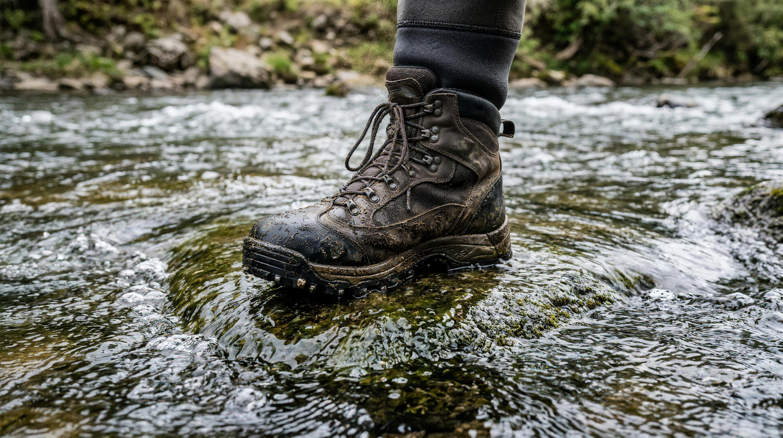 A rugged lace-up fishing wading boot with a studded rubber sole gripping a slick algae-covered river rock in moving water, worn over a neoprene wader stockingfoot