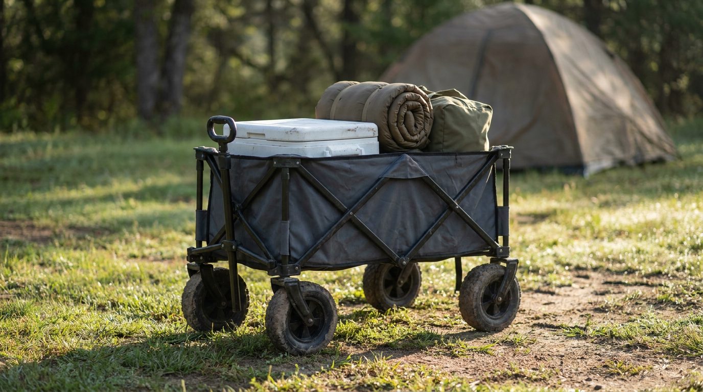 Loaded folding camp wagon with a cooler and sleeping bags on a grassy campground path, tent in the background