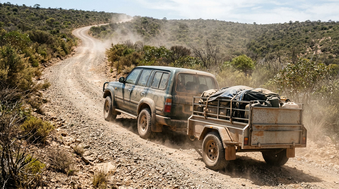A dust-covered four-wheel drive wagon towing a loaded box trailer up a long gravel incline.