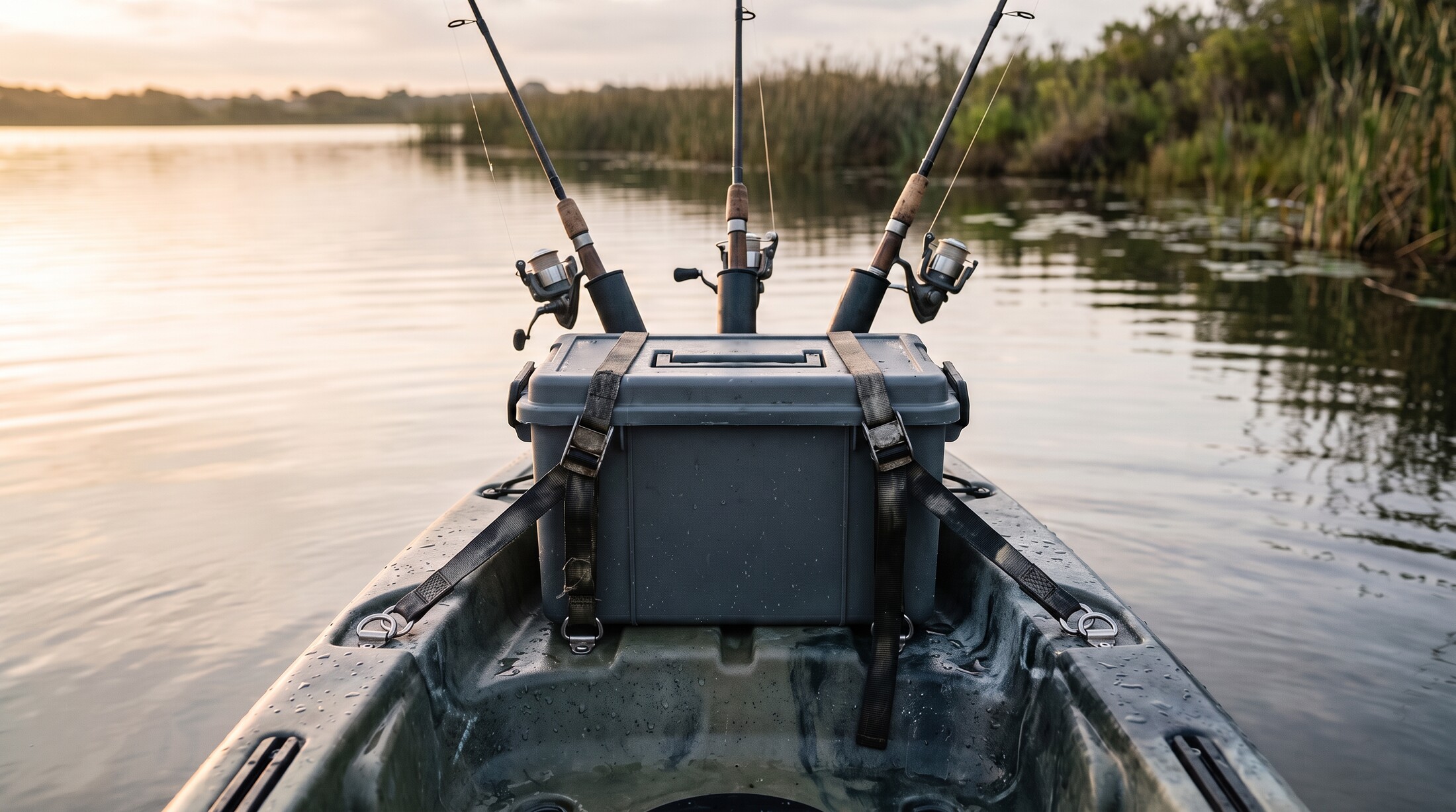 Lidded hard plastic kayak crate strapped into the rear tankwell of a sit-on-top fishing kayak, three spinning rods standing in its rod tubes